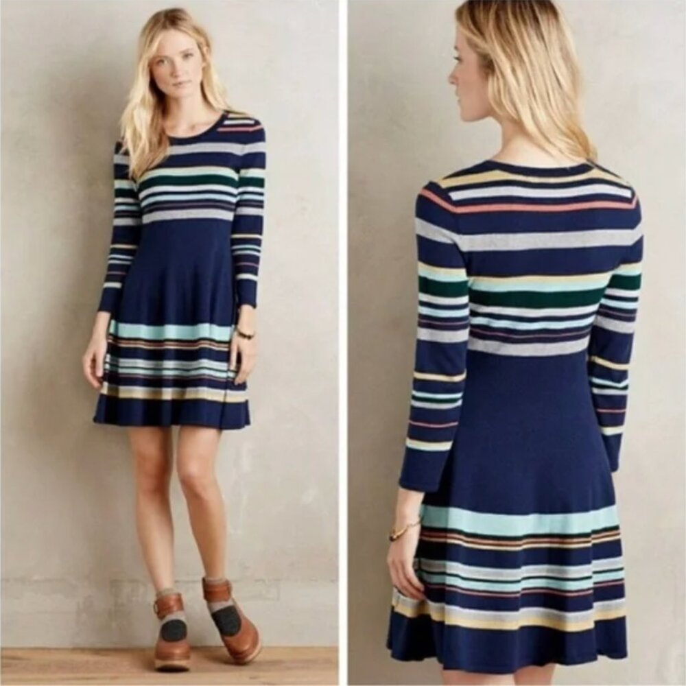 Anthropologie Moth Luca Striped Sweater Dress Mini Size Large Navy A-Line Wool